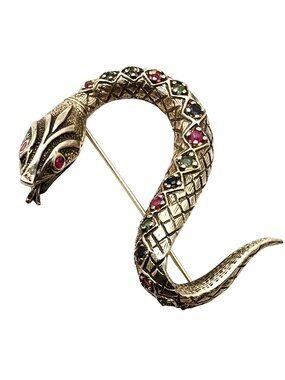 Vintage Snake Brooch Ruby Sapphire Emerald Gold Over Sterling Silver Estate